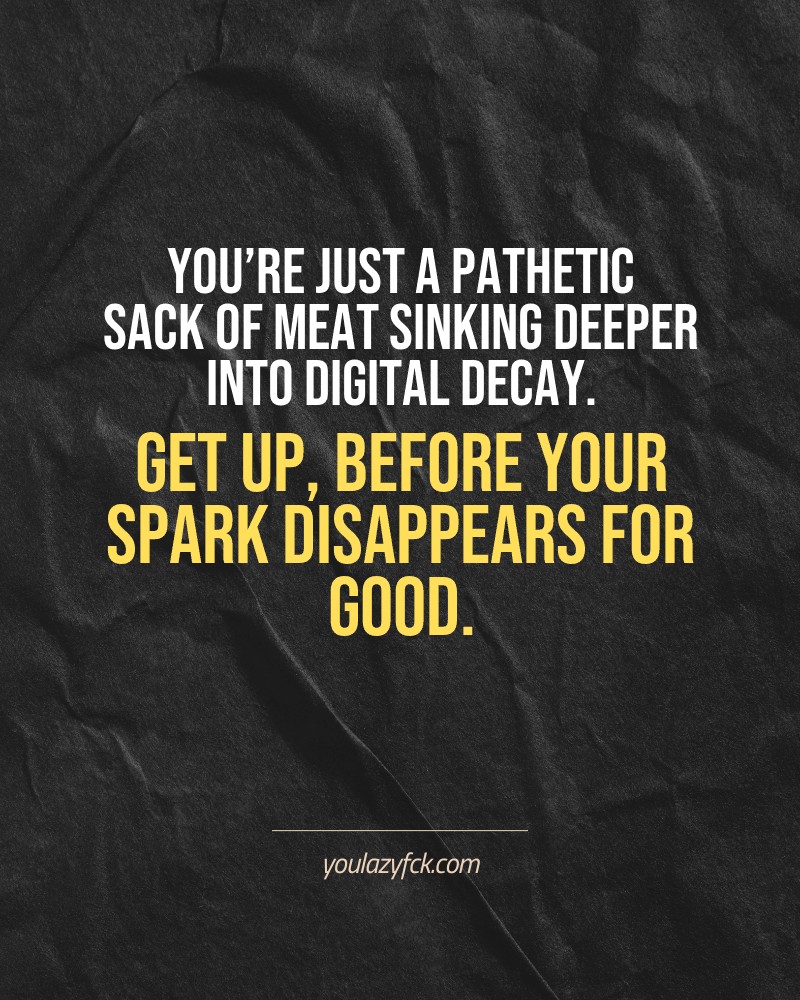 You’re just a pathetic sack of meat sinking deeper into digital decay. Get up, before your spark disappears for good.

Brutally honest motivation for your no-excuses mindset. This quote is part productivity slap, part wake-up call. Whether you're into funny quotes, self-respect, or just tired of sugarcoated advice – this hits.

Find more verbal kicks at YOULAZYFCK.COM

#motivation #brutaltruth #funnyquotes #honestmotivation #noexcuses #selfrespect